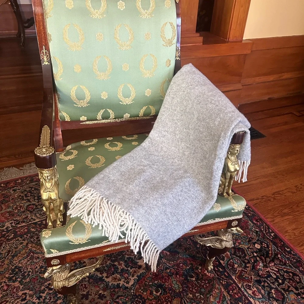 Terry Town Australian Fine Wool Blend Gray Herringbone Throw Blanket with Fringe